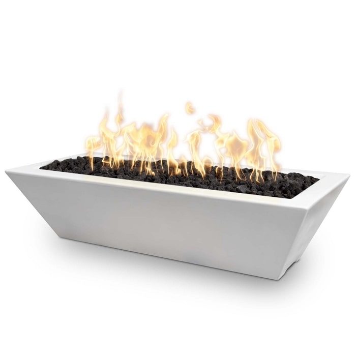48" X 20" Linear Maya GFRC Fire Bowl - Match Lit in White Limestone