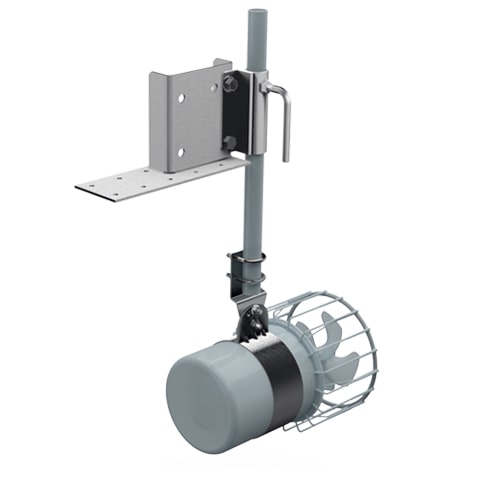 Universal  simple swivel mount attached with pole to De-Icer (not included) to show how it all looks when assembled. 