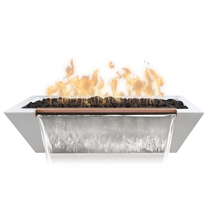 48" X 20" Linear Maya GFRC Fire & Water Bowl - 12V Electronic Ignition in White Limestone