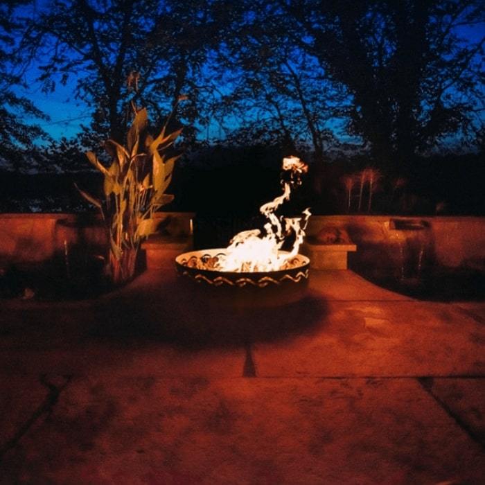 Fire Surfer Stainless Steel Fire Pit by Fire Pit Art with Plants Beside the Fire Pit
