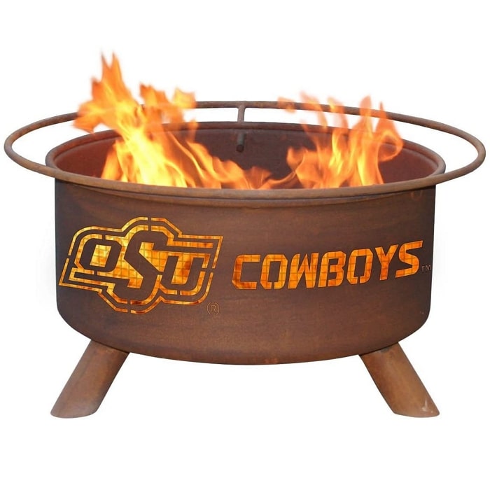 Oklahoma State F227 Steel Fire Pit by Patina Products with white background.